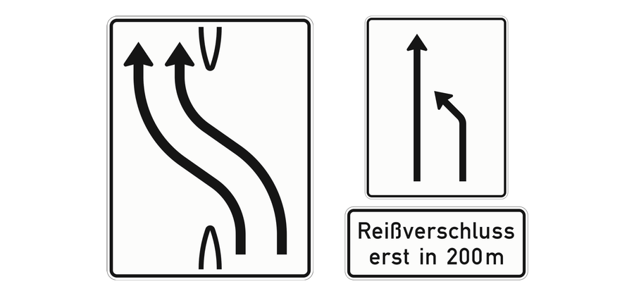 Überleitungstafel mit beiden Fahrstreifen nach links; Einengungstafel mit Einziehung des rechten Fahrstreifens und darunter das Zusatzzeichen Reißverschluss erst in 200 m