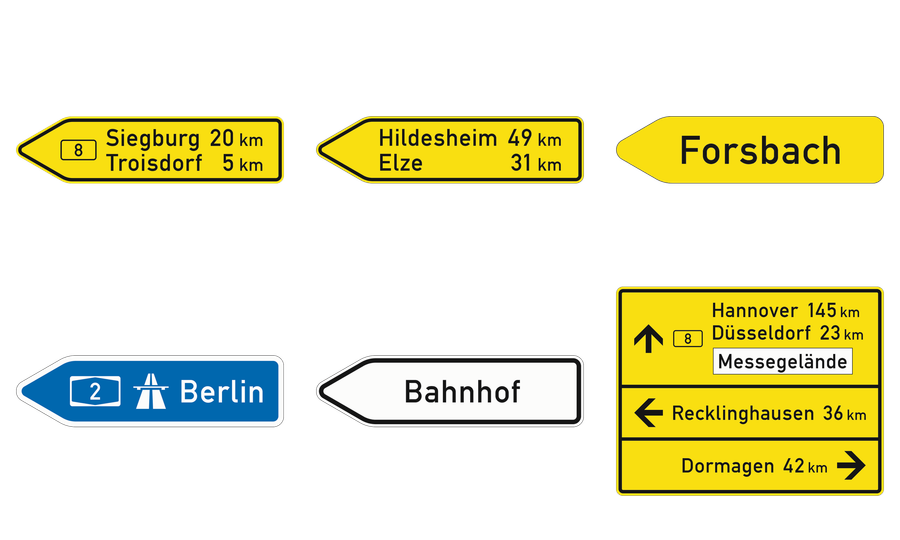 Fünf Pfeilwegweiser nach links und ein Tabellenwegweiser mit mehreren Zielen