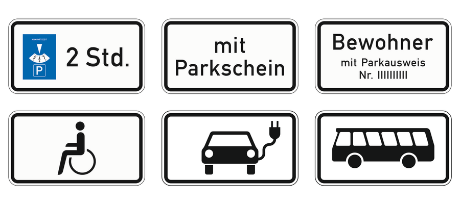 Parkscheibe für zwei Stunden, mit Parkschein, Bewohner mit Parkausweis, Rollstuhlsymbol, Symbol elektrisch betriebener Fahrzeuge und Kraftomnibus