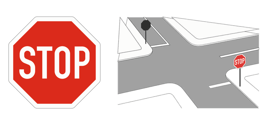 Links das Stoppschild, ein rotes Achteck mit weißem Rand und der Aufschrift STOP. Rechts die Haltlinie als Zeichnung: eine Kreuzung in Schrägansicht mit Stoppschildern und weißen Linien quer über der Fahrbahn.
