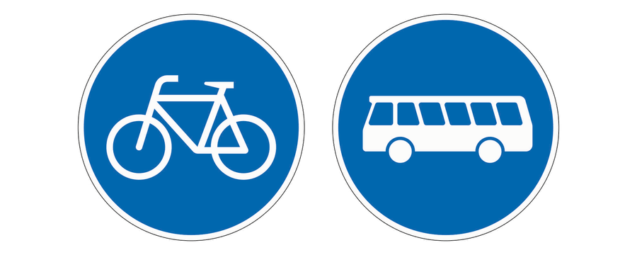 Offizielle blaue runde Zeichen: links Radweg mit weißem Fahrrad, rechts Bussonderfahrstreifen mit weißem Bus.