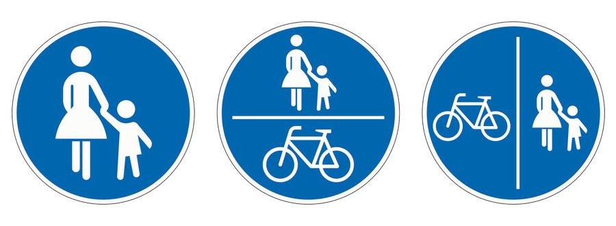 Von links die offiziellen Zeichen Gehweg, Gemeinsamer Geh- und Radweg sowie Getrennter Rad- und Gehweg mit Radweg links.