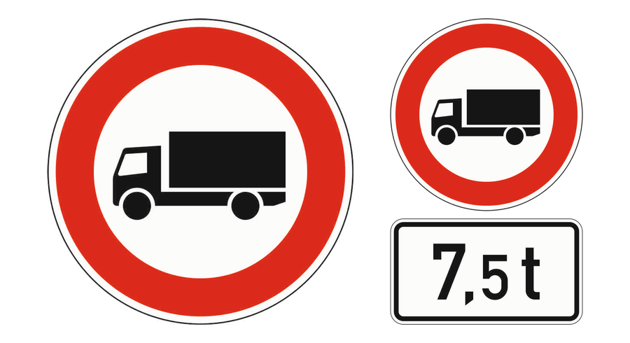Links Verbot für Kraftfahrzeuge über 3,5 t, rechts dasselbe Zeichen mit dem Zusatzzeichen 7,5 t darunter