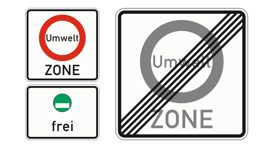 Links Beginn einer Umweltzone mit dem Zusatzzeichen zur Freistellung von Fahrzeugen mit grüner Plakette, rechts Ende der Umweltzone