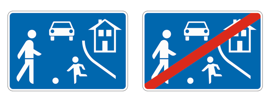 Links Beginn eines verkehrsberuhigten Bereichs, rechts Ende eines verkehrsberuhigten Bereichs mit rotem Schrägstrich.
