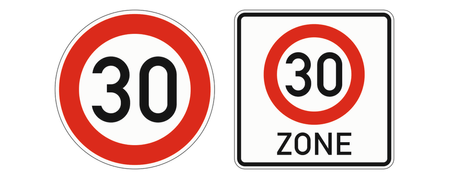 Links das runde Schild Zulässige Höchstgeschwindigkeit 30 km/h, rechts Beginn einer Tempo-30-Zone mit dem Wort ZONE.