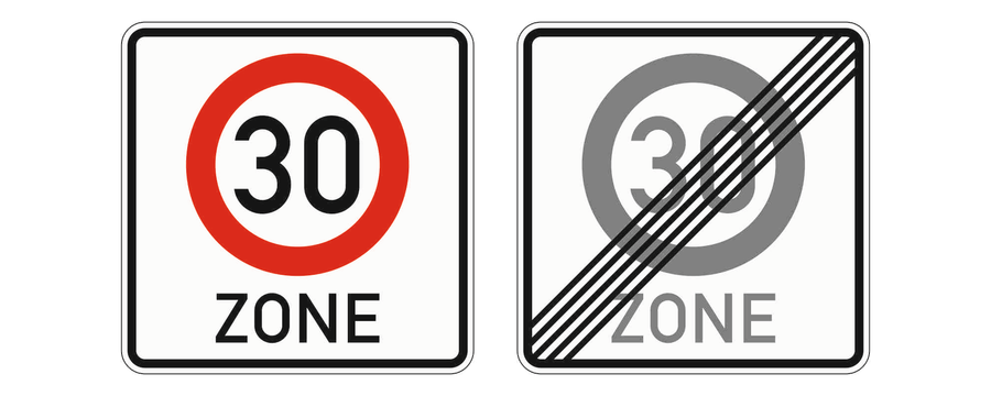 Links Beginn einer Tempo-30-Zone mit rotem Kreis und 30, rechts Ende einer Tempo-30-Zone: grauer Kreis mit 30 und ZONE, schwarz durchgestrichen.