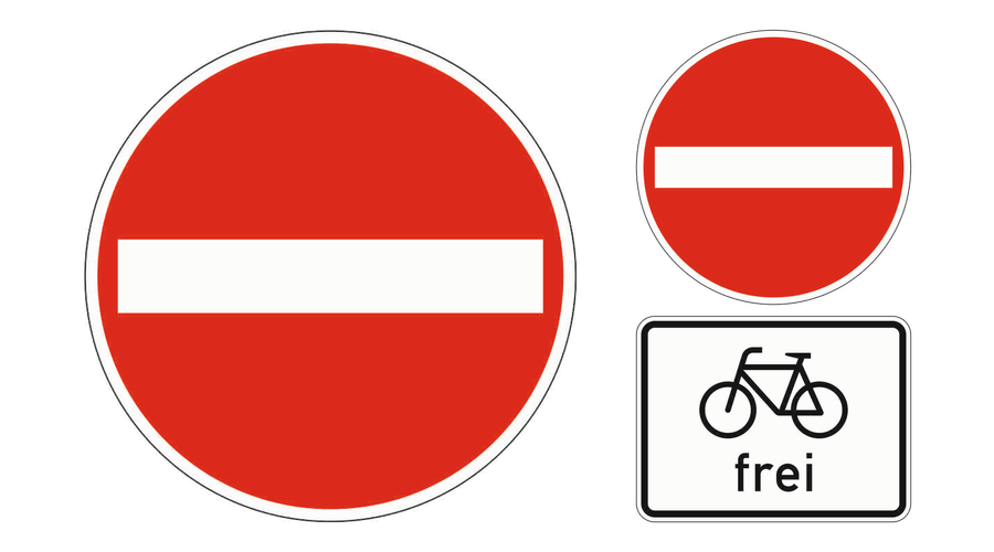 Zweimal Verbot der Einfahrt: links ohne Zusatzzeichen, rechts mit Fahrrad und der Aufschrift frei darunter