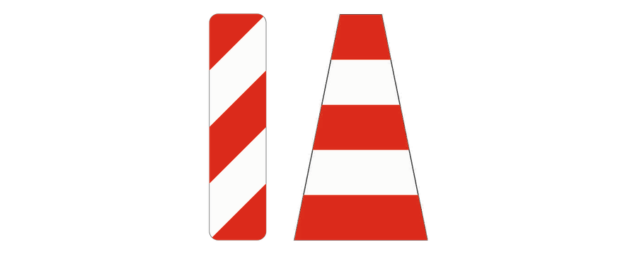 Links eine rot-weiß gestreifte Leitbake, rechts ein rot-weißer Leitkegel