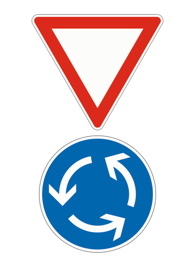 Das Zeichen „Vorfahrt gewähren“ mit dem Zeichen „Kreisverkehr“ darunter