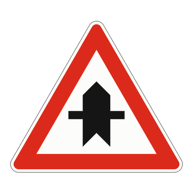Ein Dreieck mit der Spitze nach oben, rotem Rand und einem schwarzen Symbol