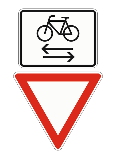 Ein Zeichen mit der Spitze nach unten und rotem Rand, darüber ein weißes Zusatzzeichen mit einem Fahrrad und zwei Pfeilen