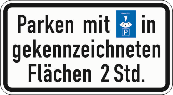 Verkehrszeichen: Parken mit Parkscheibe in gekennzeichneten Flächen 2 Stunden
