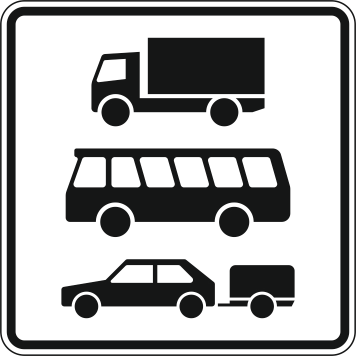 Verkehrszeichen: Nur Lkw (Z 1010-51), Kraftomnibus (Z 1010-57) und Pkw mit Anhänger (Z 1010-59)