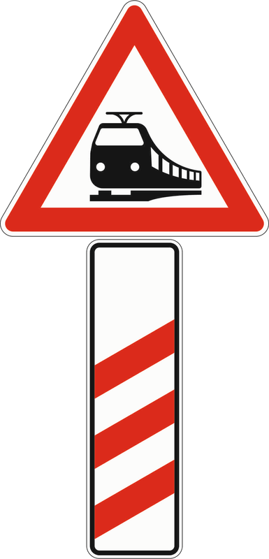 Verkehrszeichen: Bahnübergang mit dreistreifiger Bake - Aufstellung rechts