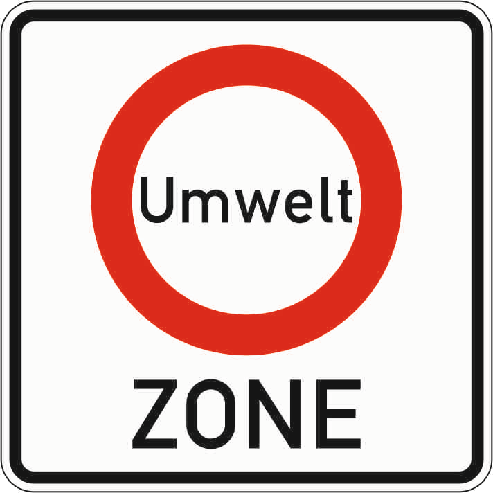 Verkehrszeichen: Beginn einer Verkehrsverbotszone zur Verminderung schädlicher Luftverunreinigungen in einer Zone