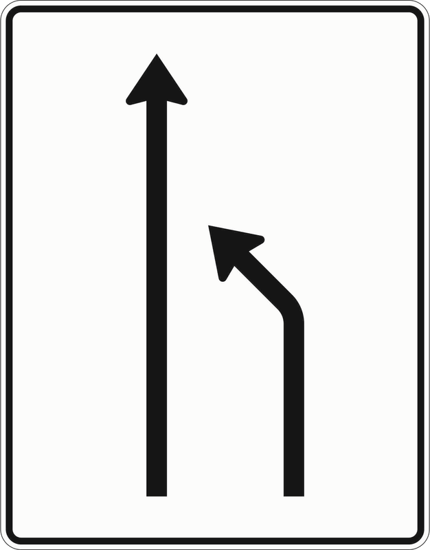 Verkehrszeichen: Einengungstafel - ohne Gegenverkehr - Einzug rechts, von 2 auf 1 Fahrstreifen